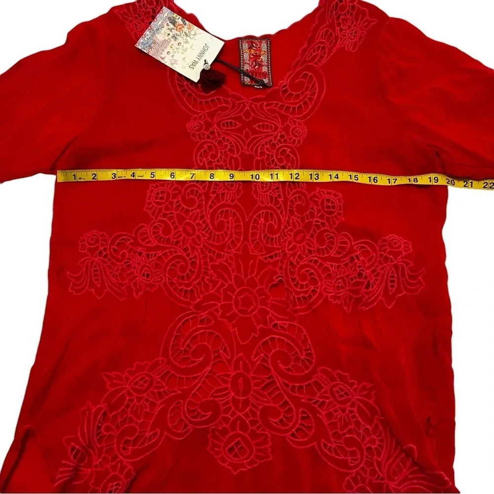 NWT Johnny Was Arlene appliqué Red Lace Tunic top with scoop neck 3/4 sleeves